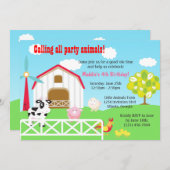 農園動物納屋周囲の庭誕生日パーティー 招待状 (正面/裏面)