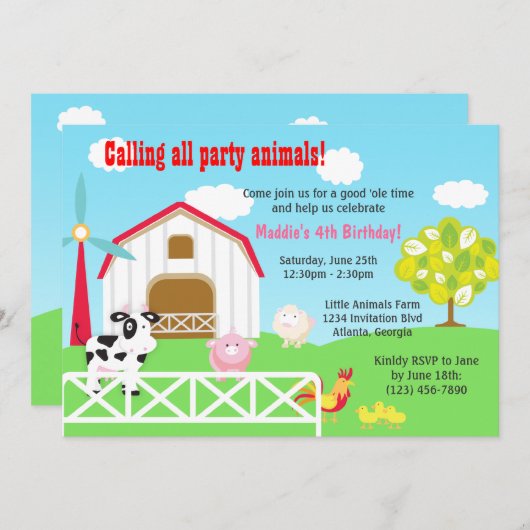 農園動物納屋周囲の庭誕生日パーティー 招待状 (正面/裏面)