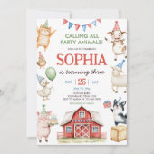 農園動物納屋周囲の庭誕生日パーティー 招待状 (正面)