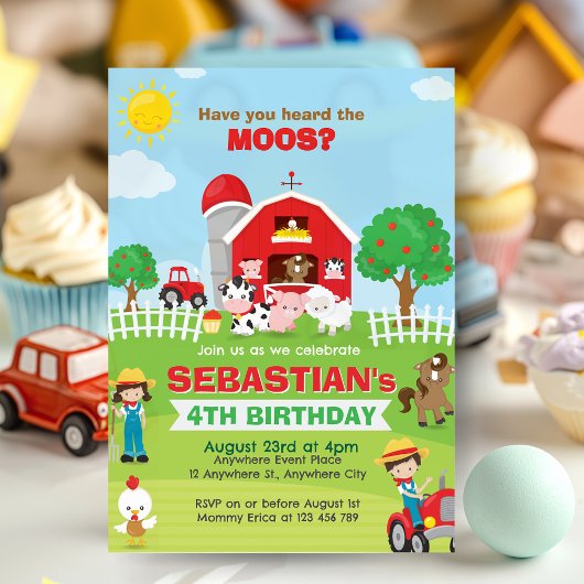 農園動物納屋周囲の庭誕生日パーティー 招待状