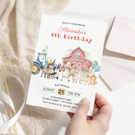 農園動物納屋周囲の庭誕生日パーティー 招待状