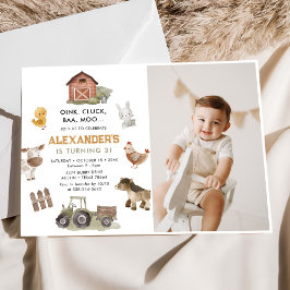 農園動物納屋周囲の庭3歳の誕生日写真 招待状