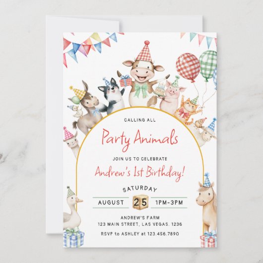 農園動物誕生日納屋周囲の庭誕生日パーティー 招待状 (正面)