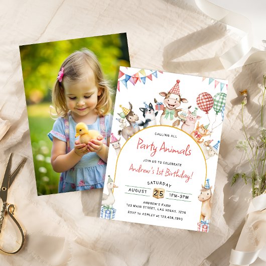 農園動物誕生日納屋周囲の庭誕生日パーティー 招待状