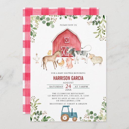 農園男女兼用納屋周囲の庭動物の赤ちゃんシャワー 招待状 (正面/裏面)