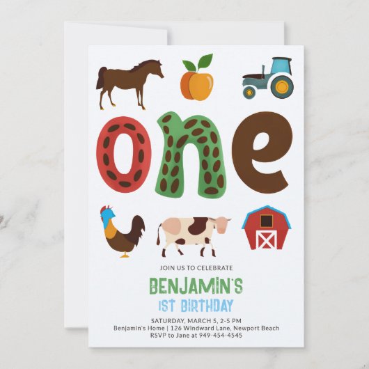 農園納屋周囲の庭動物フルーツかわいい1歳の誕生日 招待状 (正面)