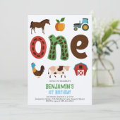 農園納屋周囲の庭動物フルーツかわいい1歳の誕生日 招待状 (スタンド正面)