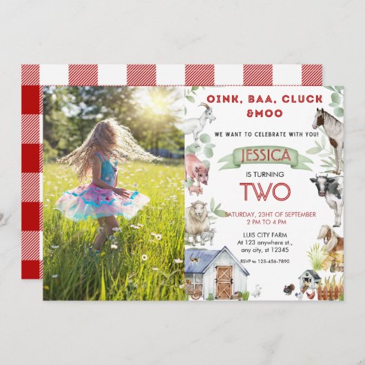 農園素朴動物の誕生日パーティーの写真 招待状 (正面/裏面)