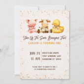 農園素朴動物納屋周囲の庭ファースト誕生日 招待状 (正面)