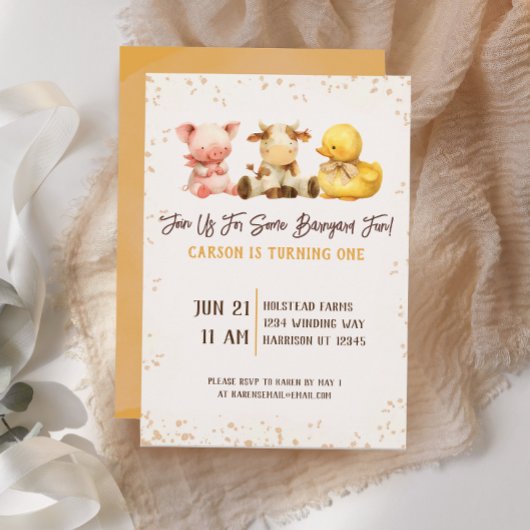 農園素朴動物納屋周囲の庭ファースト誕生日 招待状