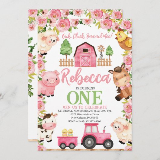 農園誕生日ガール動物用 招待状 (正面/裏面)