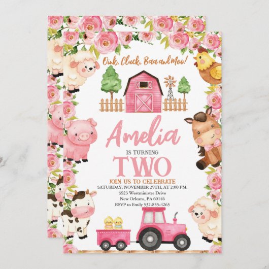 農園誕生日ガール動物用 招待状 (正面/裏面)