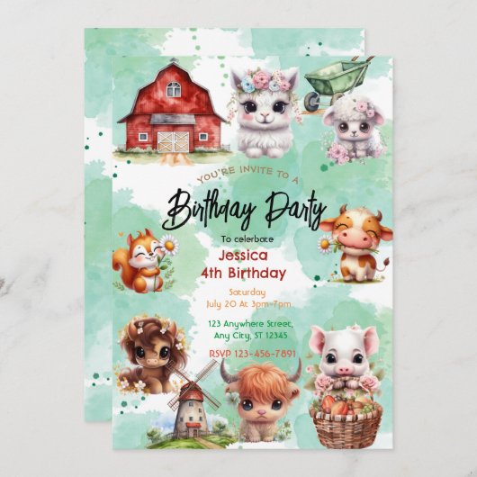 農園魅力的動物の誕生日パーティーへの招待 招待状 (正面/裏面)