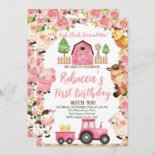 農園1回目の誕生日を迎える女の子、農園動物 招待状 (正面/裏面)