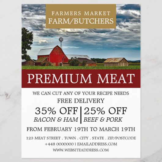 農地の風景、農家と肉屋の広告 チラシ (正面)