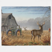 農場で大きな鹿が対決 フリースブランケット (正面(横))