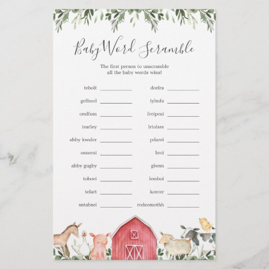 農場で赤ちゃんシャワー単語スクランブルゲーム (正面)