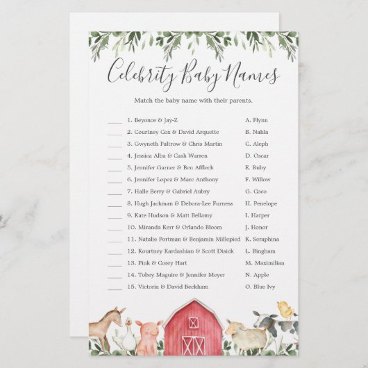 農場で赤ちゃんシャワー有名人赤ちゃんネームゲーム (正面/裏面)