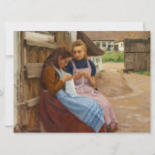 農場に座って針仕事をしている二人の女の子 カード (正面)