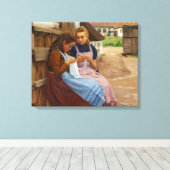 農場に座って針仕事をしている二人の女の子 キャンバスプリント (インサイチュ (ウッドフロア))