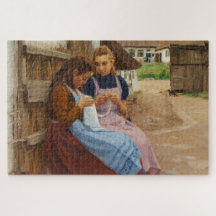 農場に座って針仕事をしている二人の女の子