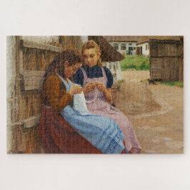 農場に座って針仕事をしている二人の女の子 ジグソーパズル
