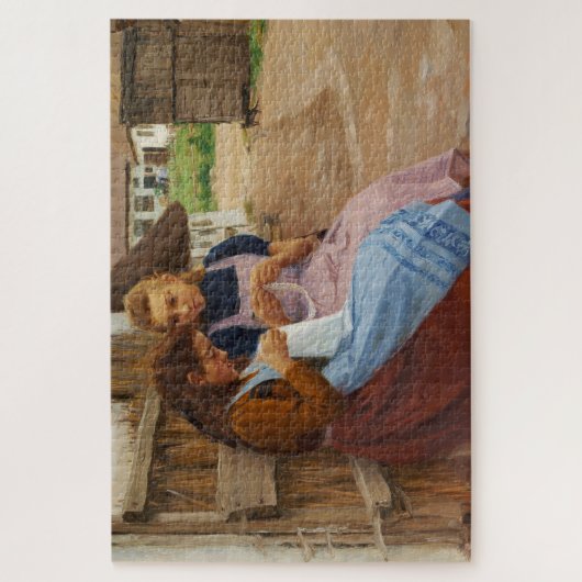 農場に座って針仕事をしている二人の女の子 ジグソーパズル (縦)