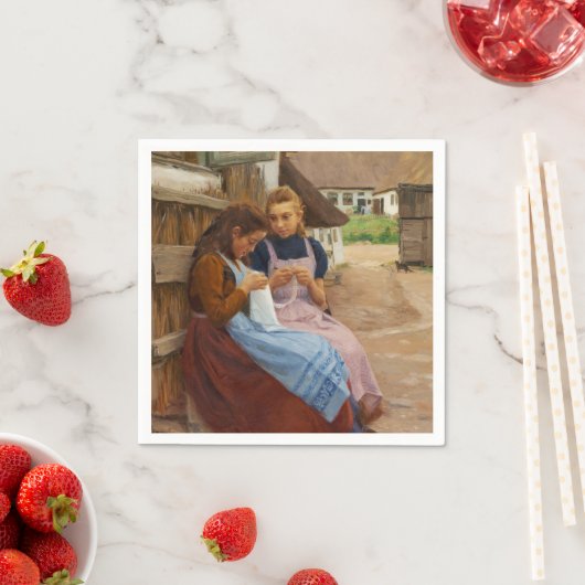 農場に座って針仕事をしている二人の女の子 スタンダードカクテルナプキン (インサイチュ)