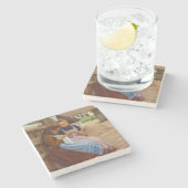 農場に座って針仕事をしている二人の女の子 ストーンコースター (横)