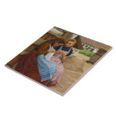 農場に座って針仕事をしている二人の女の子 タイル (側面)