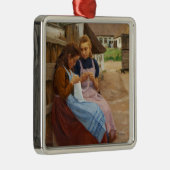 農場に座って針仕事をしている二人の女の子 メタルオーナメント (右)