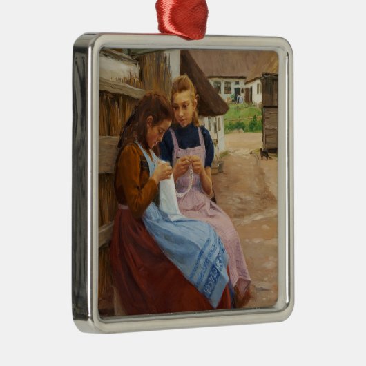 農場に座って針仕事をしている二人の女の子 メタルオーナメント (右)