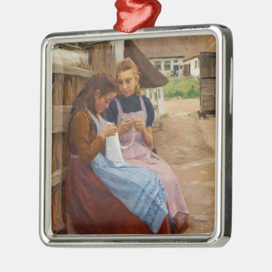 農場に座って針仕事をしている二人の女の子 メタルオーナメント (左)