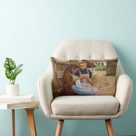 農場に座って針仕事をしている二人の女の子 ランバークッション (椅子)