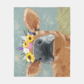 農場のおもしろい-花の王冠を持つ牛 フリースブランケット (正面)