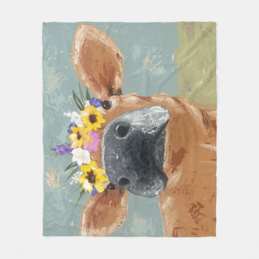 農場のおもしろい-花の王冠を持つ牛 フリースブランケット (正面)