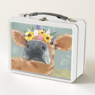 農場のおもしろい-花の王冠を持つ牛 メタルランチボックス