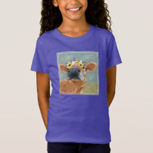 農場のおもしろい-花の王冠を持つ牛 Tシャツ