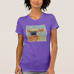 農場のおもしろい-花の王冠を持つ牛 Tシャツ