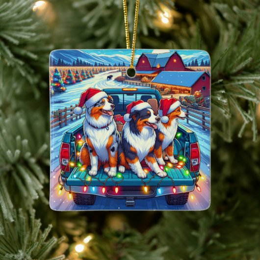 農場のクリスマスにピックアップトラックに乗る犬 セラミックオーナメント (ツリー)