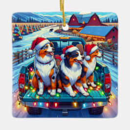 農場のクリスマスにピックアップトラックに乗る犬 セラミックオーナメント