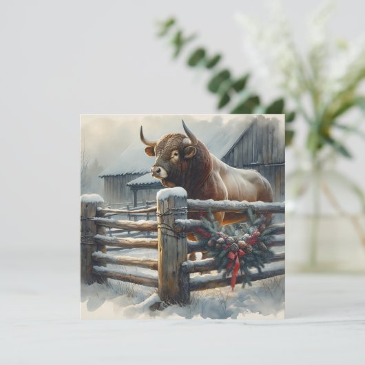 農場のクリスマスに素朴かわいい牛 シーズンカード (スタンド正面)