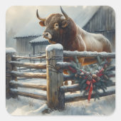 農場のクリスマスに素朴かわいい牛 スクエアシール (正面)