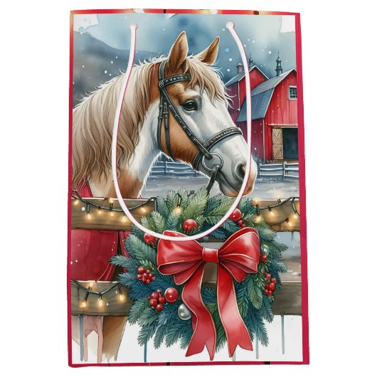 農場のクリスマスに馬 ミディアムペーパーバッグ (正面)