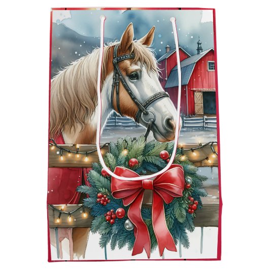 農場のクリスマスに馬 ミディアムペーパーバッグ (裏面)