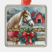 農場のクリスマスに馬 メタルオーナメント (正面)