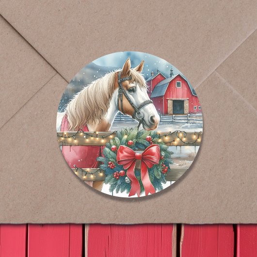 農場のクリスマスに馬 ラウンドシール