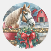 農場のクリスマスに馬 ラウンドシール (正面)