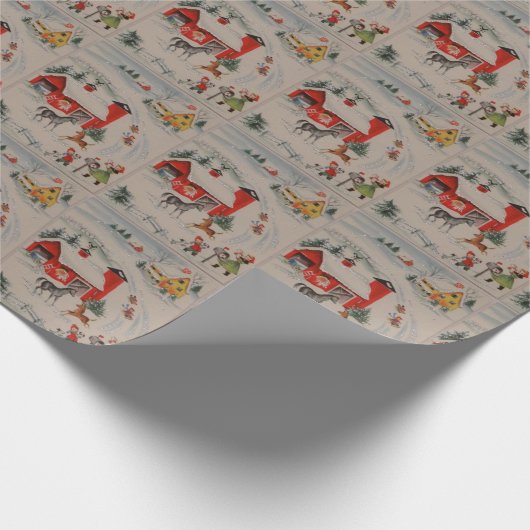 農場のタイル張りパーティーラップ上のビンテージクリスマス ラッピングペーパー (角)