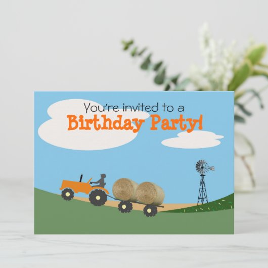 農場のパーティの招待状のトラクター: オレンジ地域 招待状 (スタンド正面)